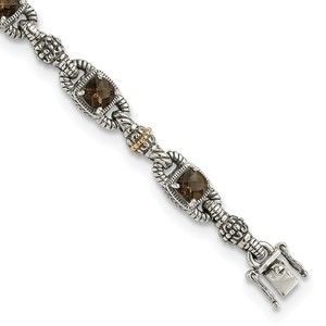 925 SS w 14K acct 7.25" Antiqued Cushion Checkerboard Smoky Quartz Bracelet